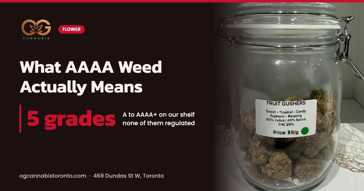AAAA weed: jar of Fruit Gushers AAAA flower on the OG Cannabis shelf, labelled $9 per gram